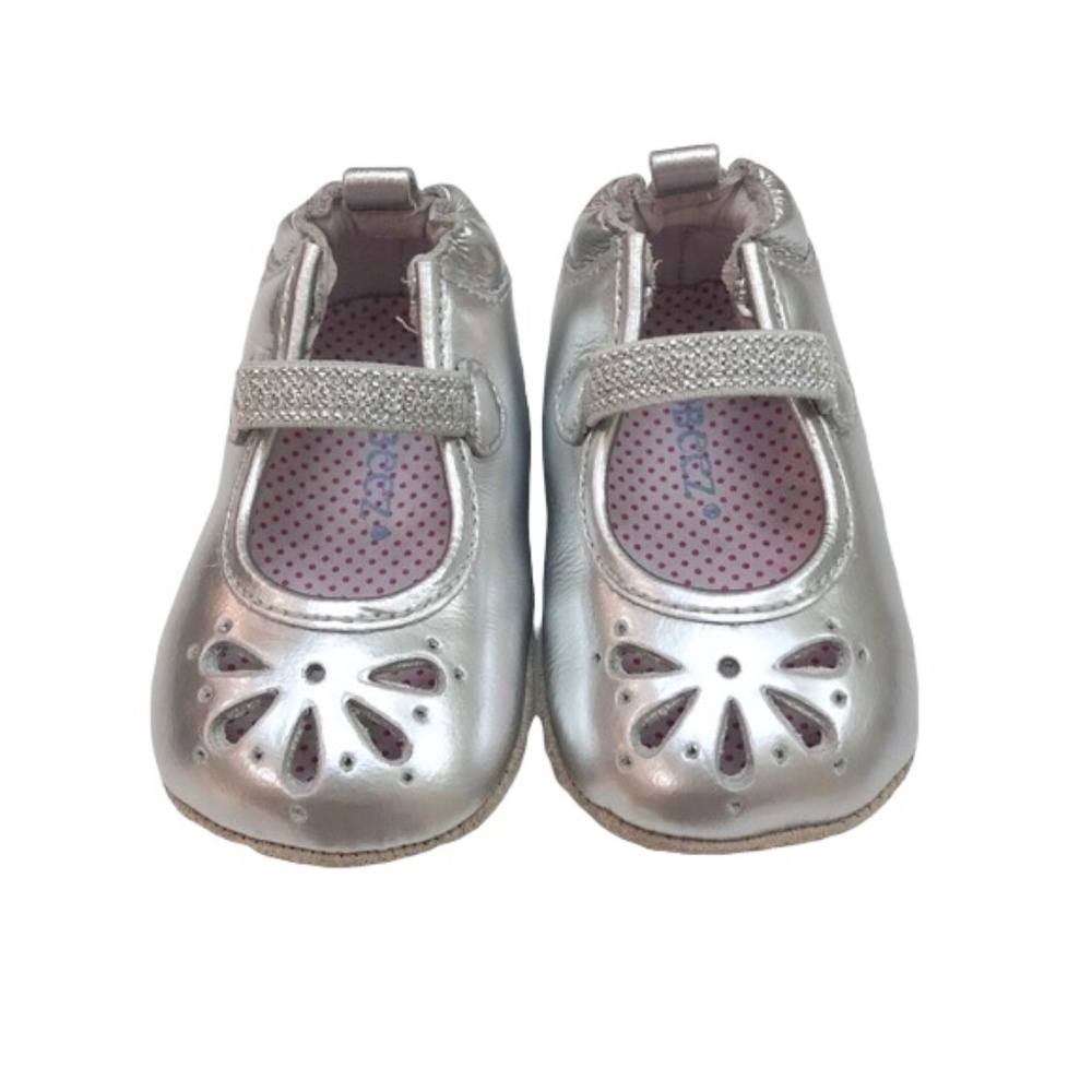 Girl's Robeez Leather Silver Metallic Mary Jane Crib Shoes  3-6 months